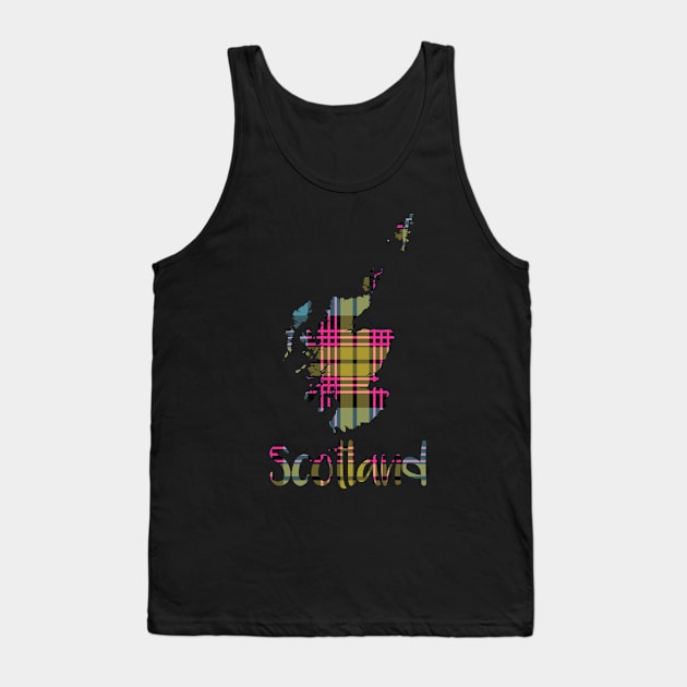 Scotland Pink, Blue and Yellow Tartan Map Typography Design Tank Top by MacPean